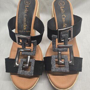Lola Canales Black Leather Sandals Chunky Heel Made In Spain